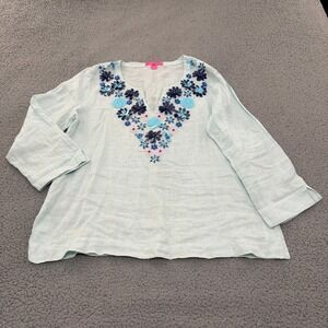 Lilly Pulitzer Tunic Top Womens XL Light Blue 100% Linen Floral Embellished
